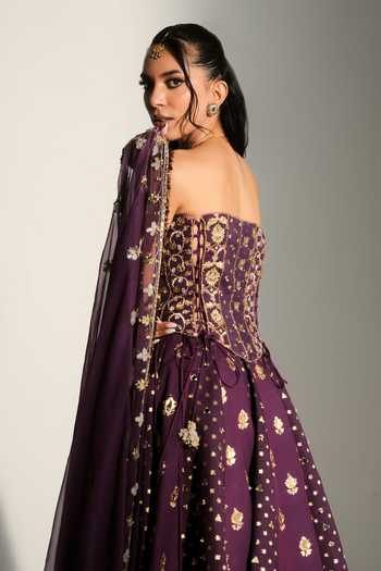 Shop_Mahima Mahajan_Purple Chanderi Zari, Stones Bandeau Neck Erin Embroidered Corset Lehenga Set 