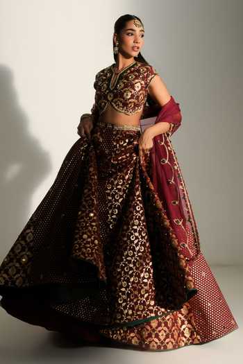 Mahima Mahajan Red Chanderi Split V-neck Dua Floral Woven Banarasi Lehenga Set Online at Aza Fashions Mahima Mahajan_Red Chanderi Split V-neck Dua Floral Woven Banarasi Lehenga Set _Online_at_Aza_Fashions