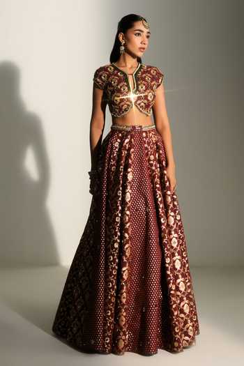 Mahima Mahajan Red Chanderi Split V-neck Dua Floral Woven Banarasi Lehenga Set at Aza Fashions Mahima Mahajan_Red Chanderi Split V-neck Dua Floral Woven Banarasi Lehenga Set _at_Aza_Fashions