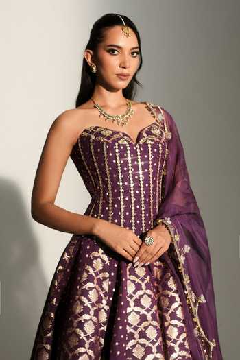 Buy Mahima Mahajan Purple Chanderi Embroidery Sweetheart Neck Diya Corset Lehenga Set Online at Aza Fashions Buy_Mahima Mahajan_Purple Chanderi Embroidery Sweetheart Neck Diya Corset Lehenga Set _Online_at_Aza_Fashions