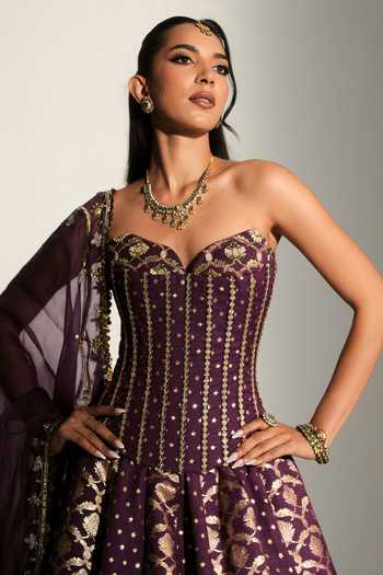 Buy Mahima Mahajan Purple Chanderi Embroidery Sweetheart Neck Diya Corset Lehenga Set Buy_Mahima Mahajan_Purple Chanderi Embroidery Sweetheart Neck Diya Corset Lehenga Set