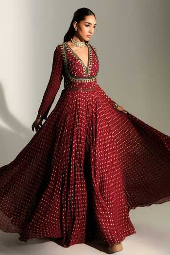 Shop_Mahima Mahajan_Red Georgette V-neck Neelam Hand Embroidered Anarkali With Dupatta _Online_at_Aza_Fashions