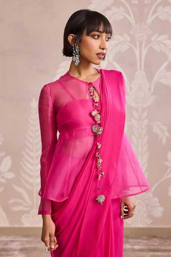 Buy_Ridhi Mehra_Fuchsia Georgette, Organza Keyhole Neck Peplum Jacket With Saree Set _Online_at_Aza_Fashions