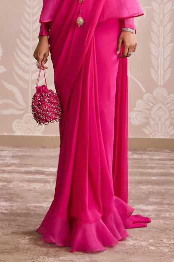 Ridhi Mehra_Fuchsia Georgette, Organza Keyhole Neck Peplum Jacket With Saree Set _at_Aza_Fashions