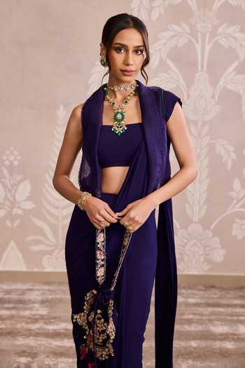 Buy_Ridhi Mehra_Purple Georgette, Organza Square Neck, Open Ruffle Hem Saree Set With Jacket _Online_at_Aza_Fashions