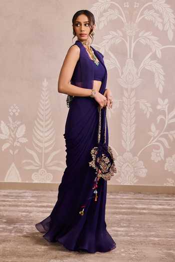 Shop_Ridhi Mehra_Purple Georgette, Organza Square Neck, Open Ruffle Hem Saree Set With Jacket _Online_at_Aza_Fashions