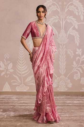 Ridhi Mehra Fuchsia Tissue V-neck Placement Embroidered Ruffle Saree Set Online at Aza Fashions Ridhi Mehra_Fuchsia Tissue V-neck Placement Embroidered Ruffle Saree Set _Online_at_Aza_Fashions