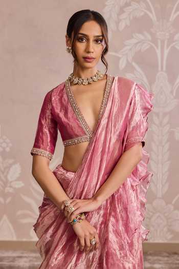 Buy Ridhi Mehra Fuchsia Tissue V-neck Placement Embroidered Ruffle Saree Set Online at Aza Fashions Buy_Ridhi Mehra_Fuchsia Tissue V-neck Placement Embroidered Ruffle Saree Set _Online_at_Aza_Fashions