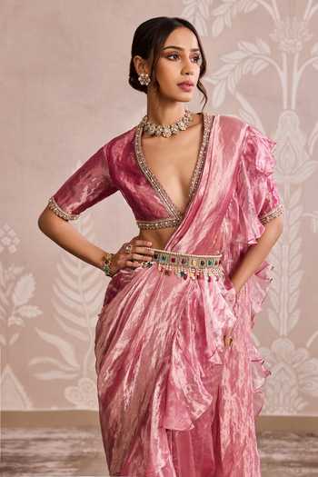 Shop Ridhi Mehra Fuchsia Tissue V-neck Placement Embroidered Ruffle Saree Set Online at Aza Fashions Shop_Ridhi Mehra_Fuchsia Tissue V-neck Placement Embroidered Ruffle Saree Set _Online_at_Aza_Fashions