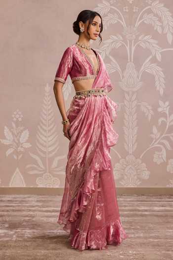 Ridhi Mehra Fuchsia Tissue V-neck Placement Embroidered Ruffle Saree Set at Aza Fashions Ridhi Mehra_Fuchsia Tissue V-neck Placement Embroidered Ruffle Saree Set _at_Aza_Fashions