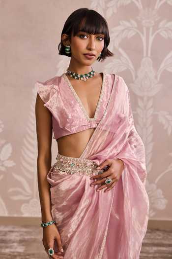 Ridhi Mehra_Pink Tissue V-neck Saree With Ruffle Blouse _Online_at_Aza_Fashions