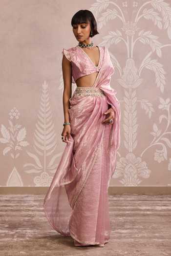 Buy_Ridhi Mehra_Pink Tissue V-neck Saree With Ruffle Blouse _Online_at_Aza_Fashions