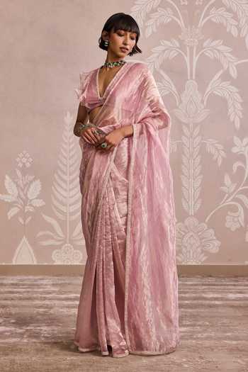 Shop_Ridhi Mehra_Pink Tissue V-neck Saree With Ruffle Blouse _Online_at_Aza_Fashions