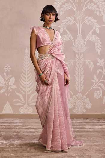 Ridhi Mehra_Pink Tissue V-neck Saree With Ruffle Blouse _at_Aza_Fashions