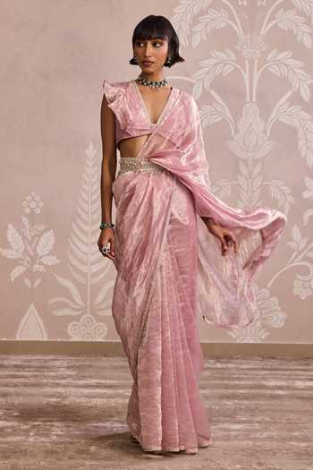 Buy_Ridhi Mehra_Pink Tissue V-neck Saree With Ruffle Blouse 