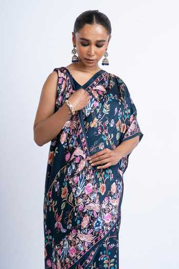 Studio 113_Blue Silk, Satin Meena Print Saree With Running Blouse _Online_at_Aza_Fashions