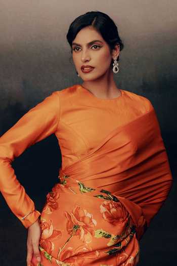 Studio 113 Orange Silk, Satin Mira Print Saree With Running Blouse Online at Aza Fashions Studio 113_Orange Silk, Satin Mira Print Saree With Running Blouse _Online_at_Aza_Fashions