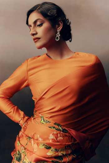 Buy Studio 113 Orange Silk, Satin Mira Print Saree With Running Blouse Online at Aza Fashions Buy_Studio 113_Orange Silk, Satin Mira Print Saree With Running Blouse _Online_at_Aza_Fashions