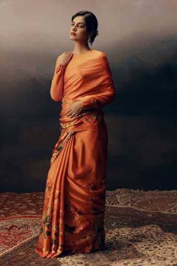 Shop Studio 113 Orange Silk, Satin Mira Print Saree With Running Blouse Online at Aza Fashions Shop_Studio 113_Orange Silk, Satin Mira Print Saree With Running Blouse _Online_at_Aza_Fashions