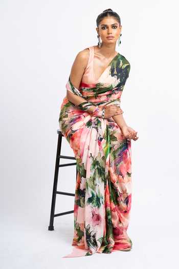 Studio 113_Pink Silk, Satin Ruby Abstract Print Saree With Running Blouse _Online_at_Aza_Fashions