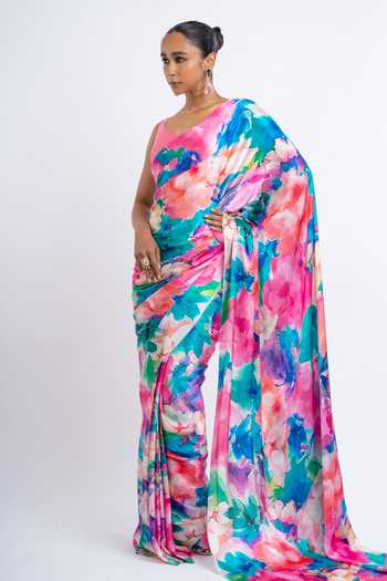 Studio 113 Ruby Coral Reef Print Saree With Running Blouse 