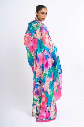 Studio 113 Ruby Coral Reef Print Saree With Running Blouse 