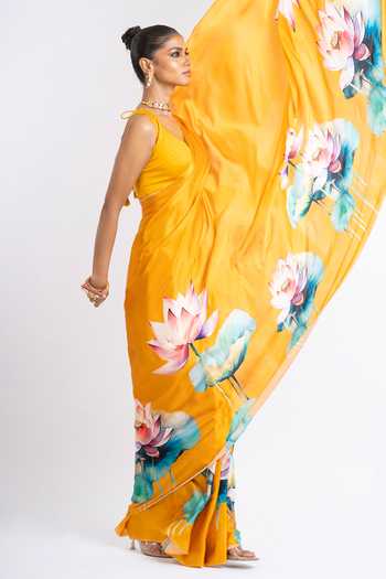 Studio 113_Orange Silk, Satin Anita Lotus Hand Painted Saree With Running Blouse _Online_at_Aza_Fashions