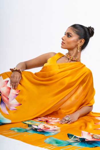 Buy_Studio 113_Orange Silk, Satin Anita Lotus Hand Painted Saree With Running Blouse _Online_at_Aza_Fashions