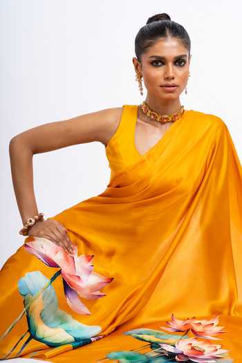 Shop_Studio 113_Orange Silk, Satin Anita Lotus Hand Painted Saree With Running Blouse _Online_at_Aza_Fashions