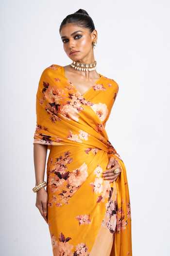 Studio 113_Orange Silk, Satin Tina Printed Saree With Running Blouse _Online_at_Aza_Fashions