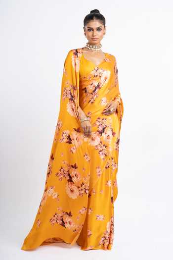 Buy_Studio 113_Orange Silk, Satin Tina Printed Saree With Running Blouse _Online_at_Aza_Fashions
