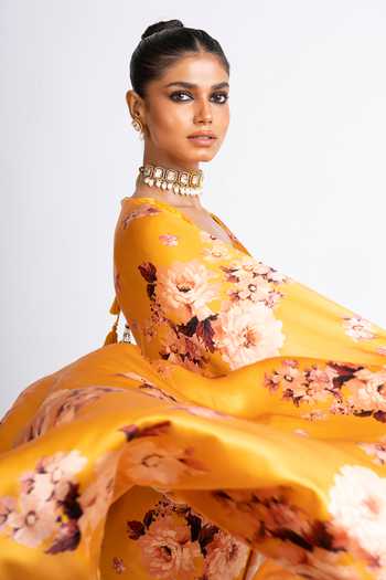 Shop_Studio 113_Orange Silk, Satin Tina Printed Saree With Running Blouse _Online_at_Aza_Fashions