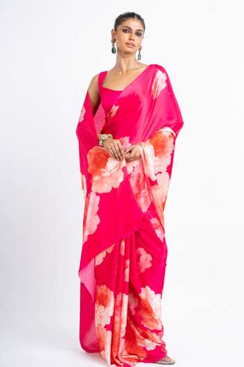 Shop Studio 113 Pink Silk, Satin Roma Floral Print Saree With Running Blouse Online at Aza Fashions Shop_Studio 113_Pink Silk, Satin Roma Floral Print Saree With Running Blouse _Online_at_Aza_Fashions