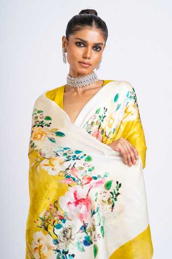 Studio 113_Yellow Silk, Satin Rina Floral Pattern Saree With Running Blouse _Online_at_Aza_Fashions