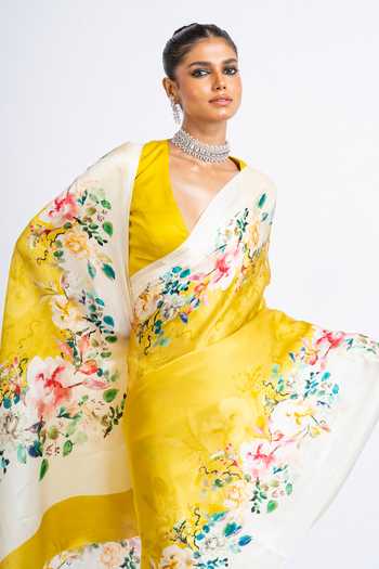 Buy_Studio 113_Yellow Silk, Satin Rina Floral Pattern Saree With Running Blouse _Online_at_Aza_Fashions