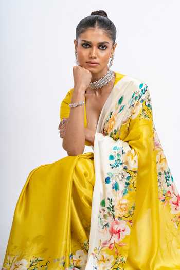 Shop_Studio 113_Yellow Silk, Satin Rina Floral Pattern Saree With Running Blouse _Online_at_Aza_Fashions