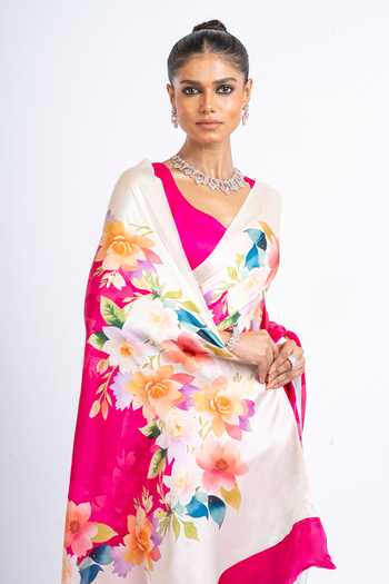 Shop_Studio 113_Pink Silk, Satin Zeenat Print Saree With Running Blouse _Online_at_Aza_Fashions