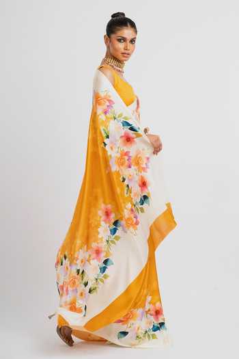 Studio 113_Orange Silk, Satin Zeenat Print Saree With Running Blouse _Online_at_Aza_Fashions