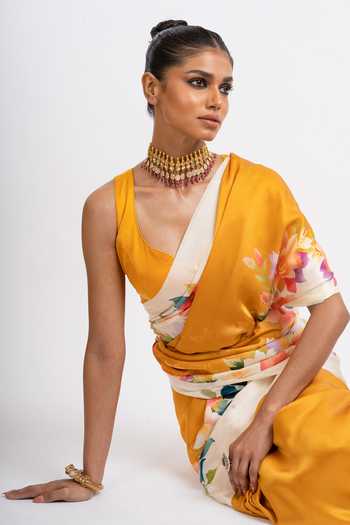 Buy_Studio 113_Orange Silk, Satin Zeenat Print Saree With Running Blouse _Online_at_Aza_Fashions