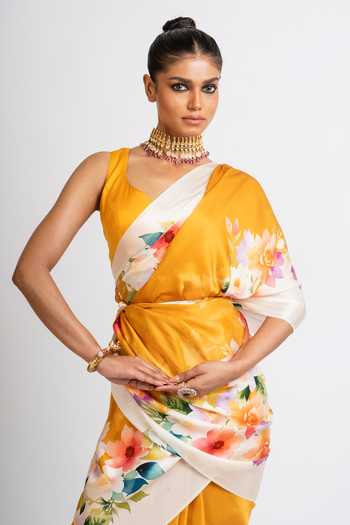 Shop_Studio 113_Orange Silk, Satin Zeenat Print Saree With Running Blouse _Online_at_Aza_Fashions