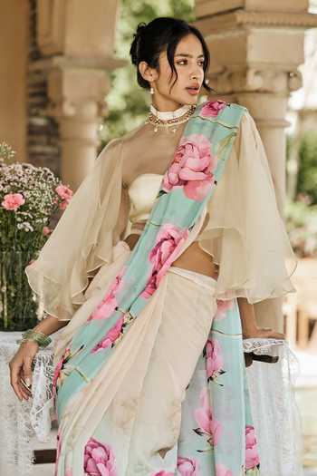 Studio 113_Beige Chiffon Monica Ocean Breeze Ombre Saree With Running Blouse _Online_at_Aza_Fashions