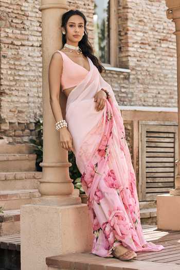 Buy_Studio 113_Pink Chiffon Monica Printed Ombre Saree With Running Blouse _Online_at_Aza_Fashions