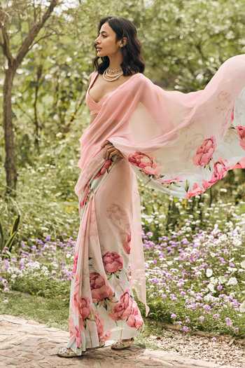 Buy_Studio 113_Pink Chiffon Monica Coral Reef Ombre Saree With Running Blouse _Online_at_Aza_Fashions