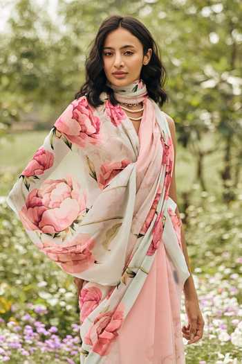 Shop_Studio 113_Pink Chiffon Monica Coral Reef Ombre Saree With Running Blouse _Online_at_Aza_Fashions