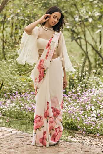 Buy Studio 113 White Chiffon Monica Printed Saree With Running Blouse Online at Aza Fashions Buy_Studio 113_White Chiffon Monica Printed Saree With Running Blouse _Online_at_Aza_Fashions