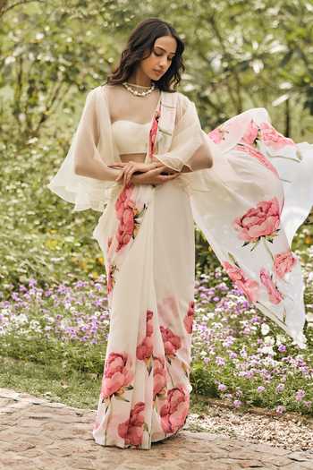 Studio 113 White Chiffon Monica Printed Saree With Running Blouse at Aza Fashions Studio 113_White Chiffon Monica Printed Saree With Running Blouse _at_Aza_Fashions