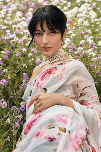Studio 113 Blue Chiffon Annie Pearl Saree With Running Blouse Online at Aza Fashions Studio 113_Blue Chiffon Annie Pearl Saree With Running Blouse _Online_at_Aza_Fashions