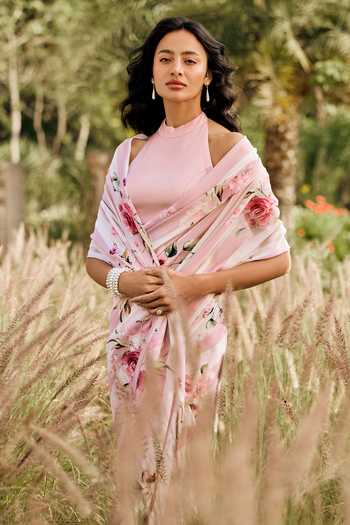 Studio 113_Pink Chiffon Annie Old Rose Saree With Running Blouse _Online_at_Aza_Fashions