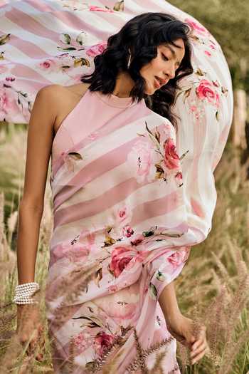 Shop_Studio 113_Pink Chiffon Annie Old Rose Saree With Running Blouse _Online_at_Aza_Fashions