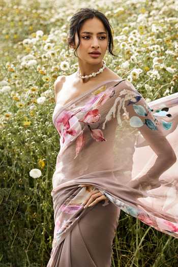 Studio 113_Purple Chiffon Julie Hand Painted Saree With Running Blouse _Online_at_Aza_Fashions
